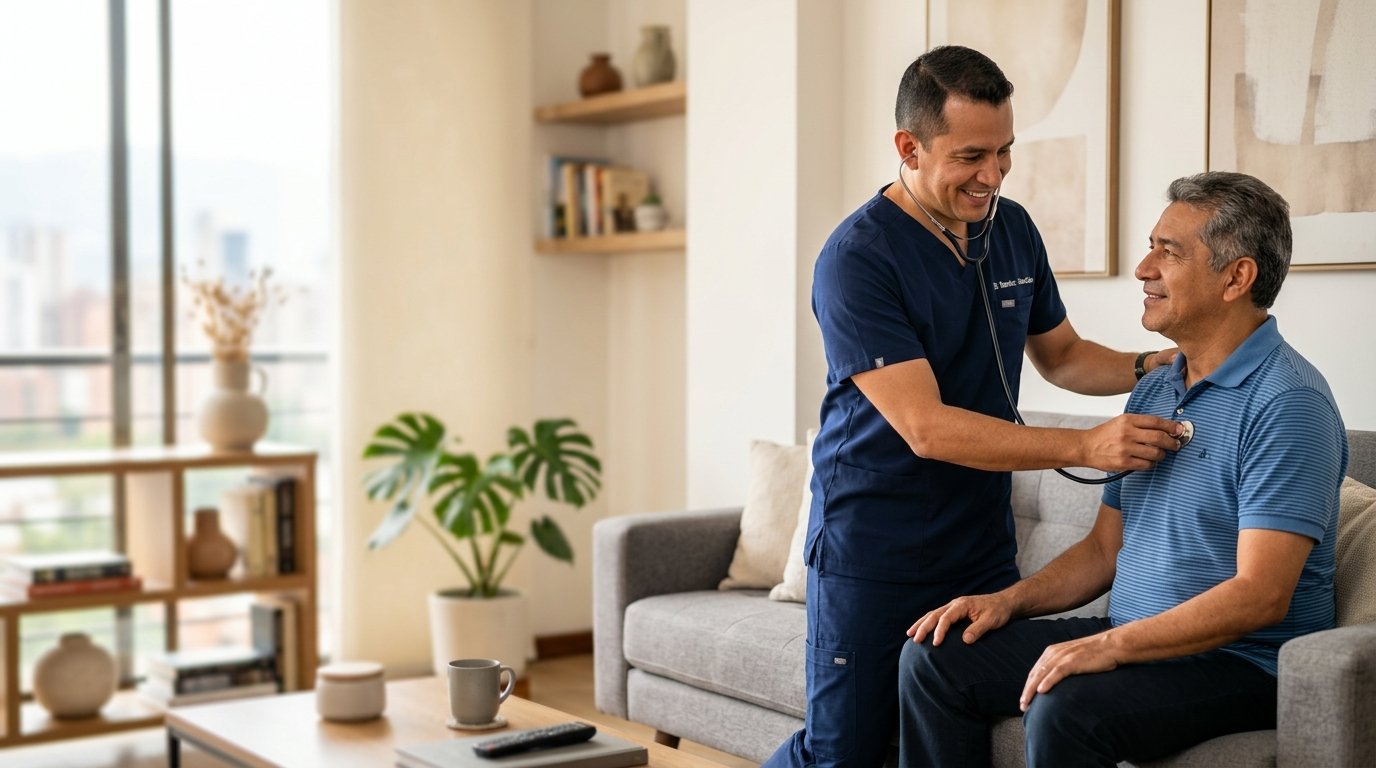 Médico examinando a paciente hombre adulto en casa